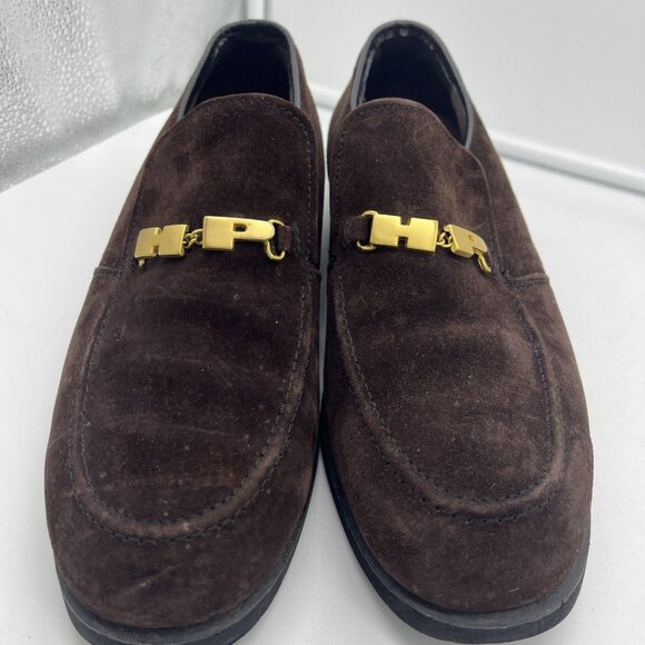 Hush Puppies Suede And Leather Loafers Men 7.5 Size Dark Brown And Gold Shoes - Picture 1 of 12